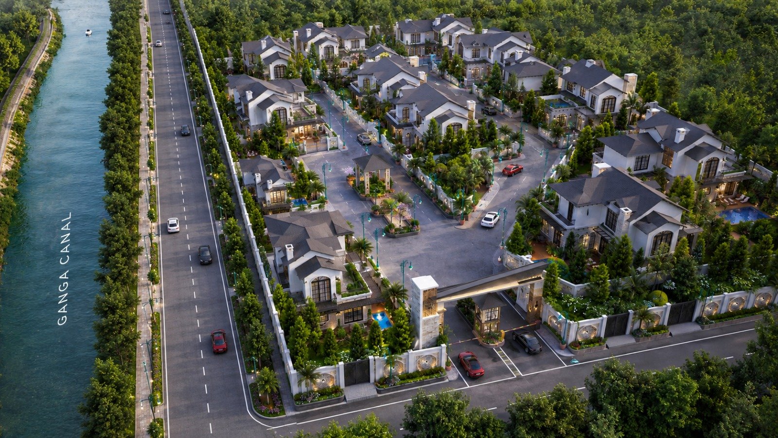 Aerial estate layout with villas and canal-side greenery